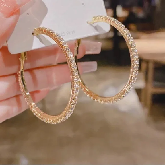 Gold Plated Rhinestone Hoop Earrings - Picture 3 of 5